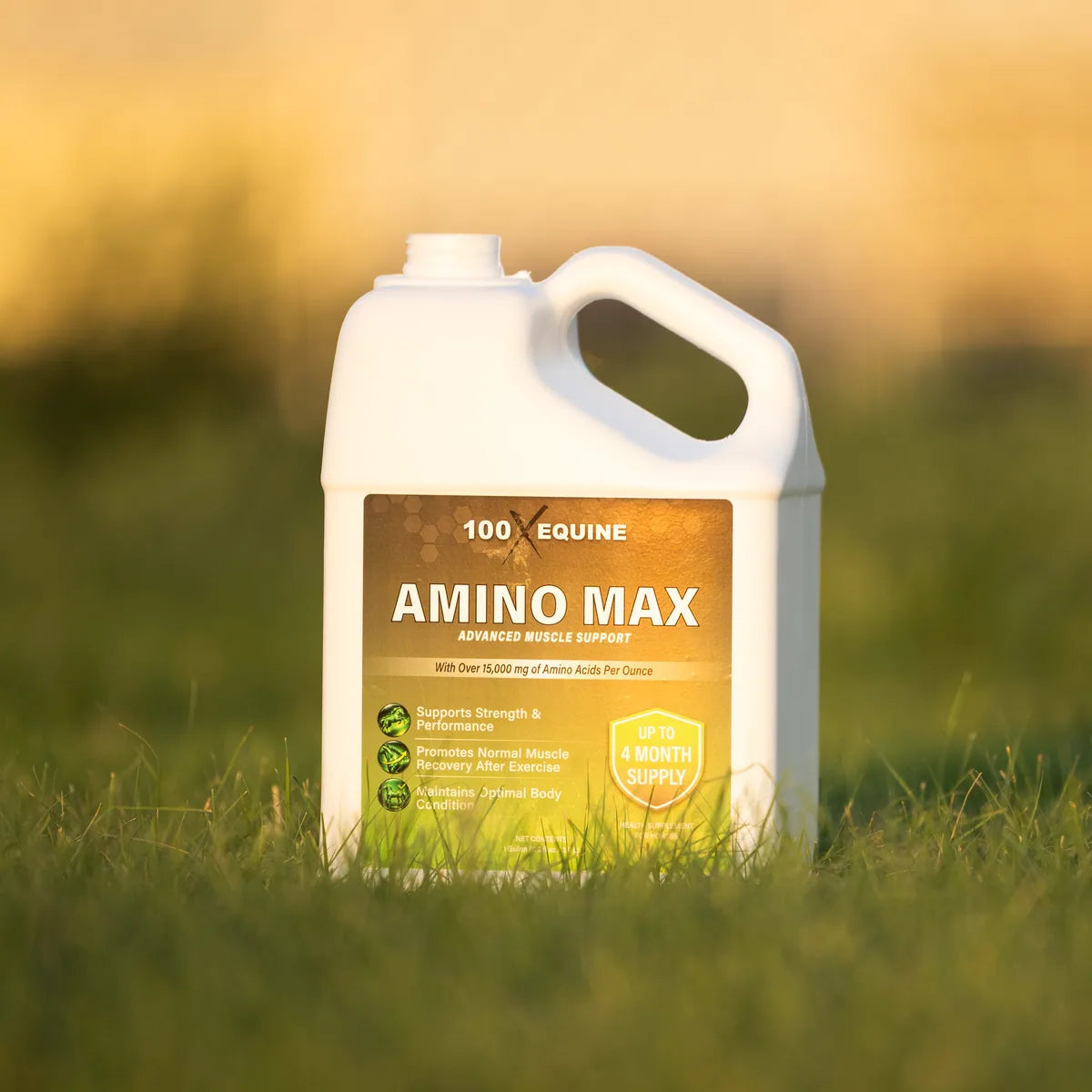 Amino-MAX 1 gallon jug in a pasture at golden hour