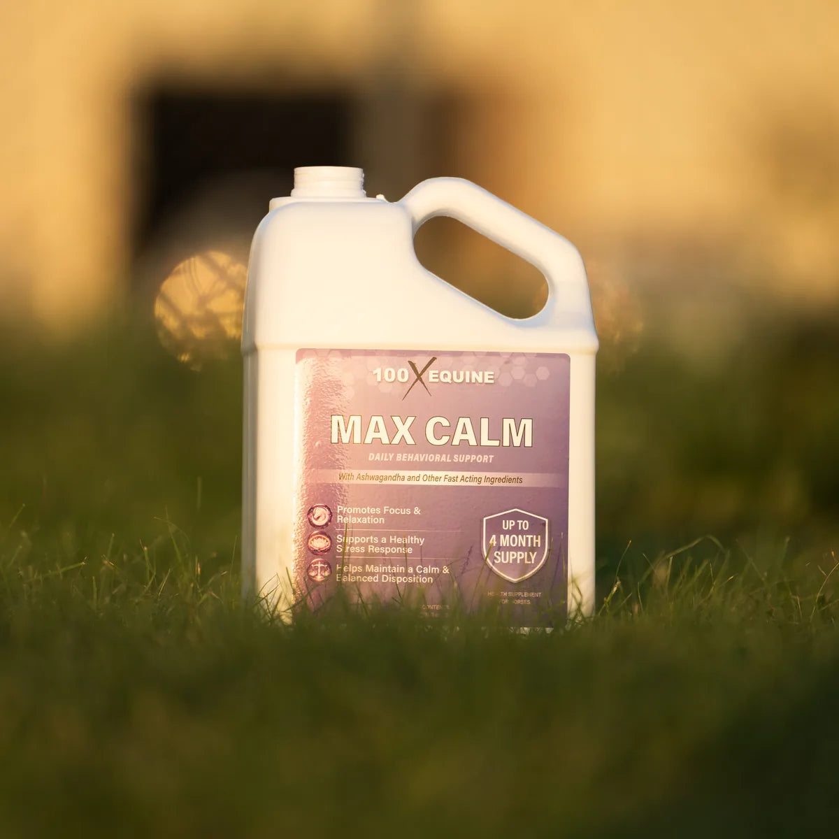 Max Calm 1 gallon jug in a pasture at golden hour